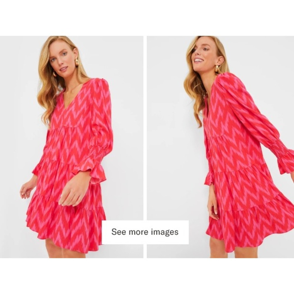 Pomander Place Hot Pink Ikat Kenzo Dress Size M Tiered Smocked Long Sleeve Boho